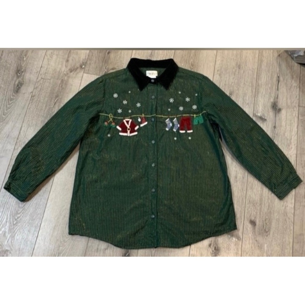 Ugly Christmas Bobbie Brooks Festive Y2K Plaid Button Shirt Velvet Vintage 14W
